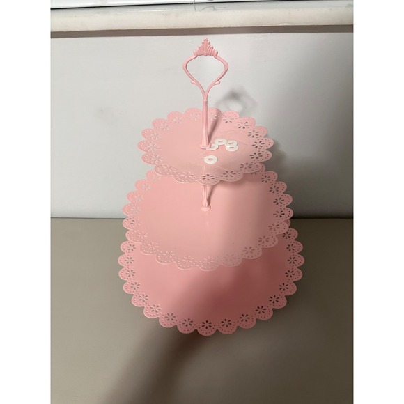 Pink 3 Tier Metal Cupcake Stand Eyelet Lace Scalloped Edge Dessert Tower 16in - Picture 3 of 9